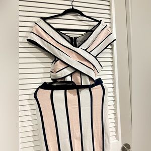 gianni bini pink, black + white striped skirt set